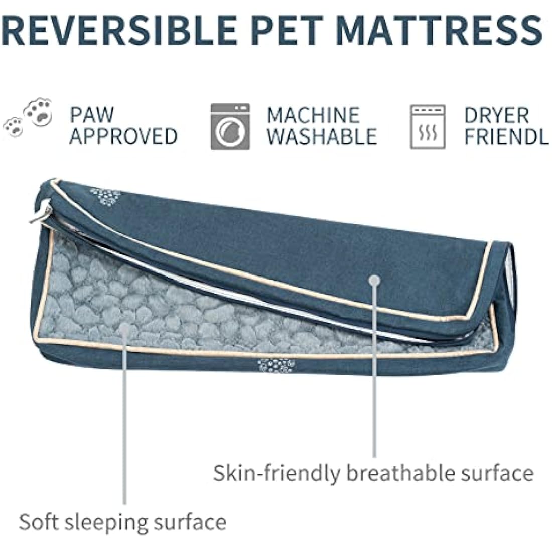 VANKEAN Waterproof Reversible Dog Bed Mat with Removable Machine Washable Cover, Crate Mat for Small to Large Dogs, Navy/Grey