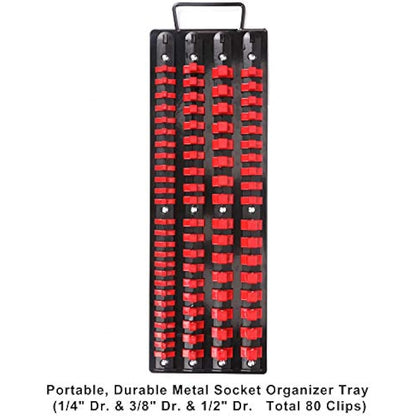 CASOMAN 80-Piece Portable Socket Organizer Tray, 1/4-Inch, 3/8-Inch, 1/2-Inch Tool Trays, Heavy Duty Socket Organizers Rack, Black Rails with Red Socket Holders