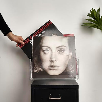 Meicloud Acrylic Vinyl Record Holder - Modern Vinyl Record Storage Box, LP Record Display Stand, Clear Lucite Record Case with Handles, Holds Up to 30-45 Records
