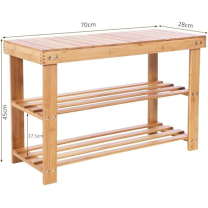 Hossejoy Bamboo Shoe Bench, 3 Tier Shoe Rack Storage Organiser, Shoe Racks Storage Shelf Organizer, Ideal for Entryway, Living Room, Hallway (70 x 28 x 45cm)
