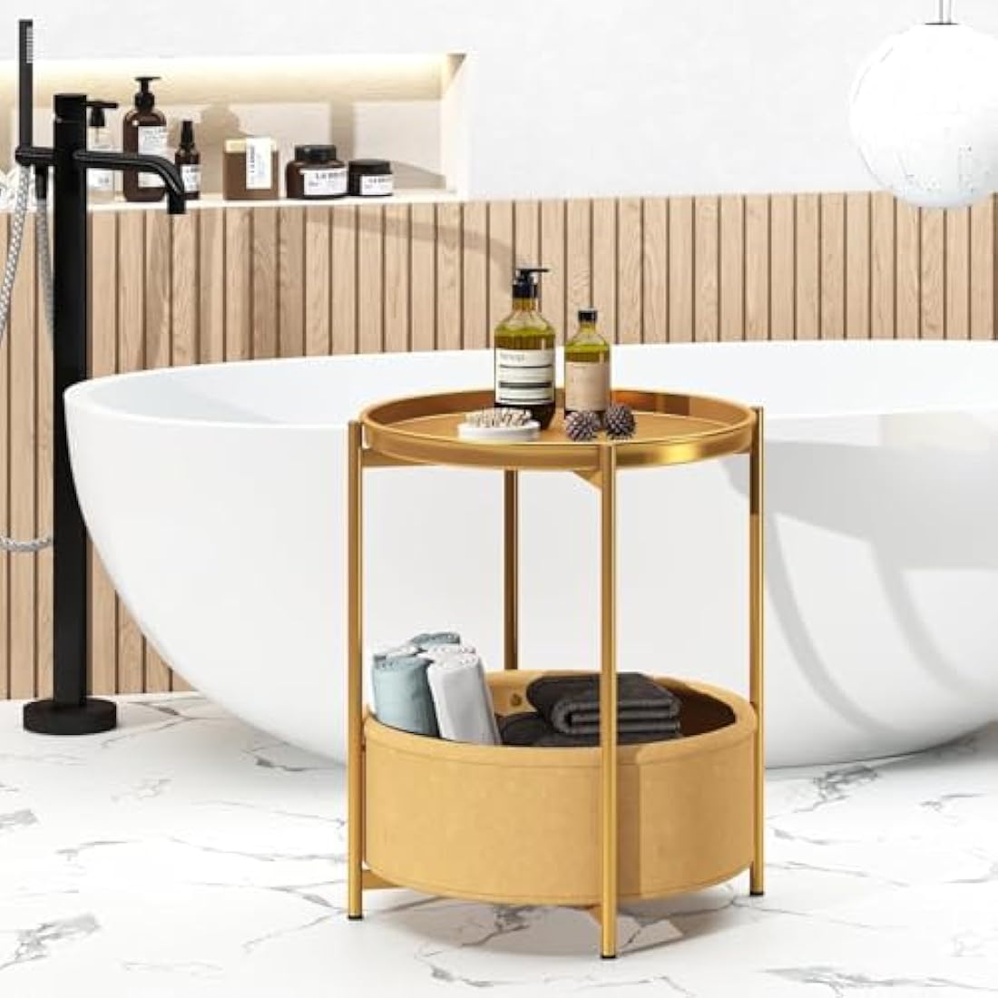 Huhote Side Table, Round End Table with Fabric Basket, Small Bedside Table, Nightstand Sofa Table for Living Room, Bedroom, Bathroom, Balcony, Modern Style (Gold)