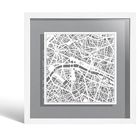 O3 DESIGN STUDIO Paris Paper Cut Map framed, White map, White frame, 9x9 inches, Gift Boxed, 4 background color, self-changing, Paper Art