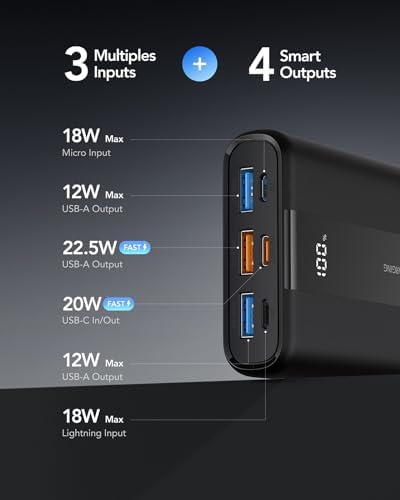 VRURC Power Bank 20000mAh,Portable Charge Fast Charging USB C 22.5W Small Battery Pack PD QC 3.0 with 3 Input &4 Output Compatible iPhone Samsung,Smartphones Tablets and More