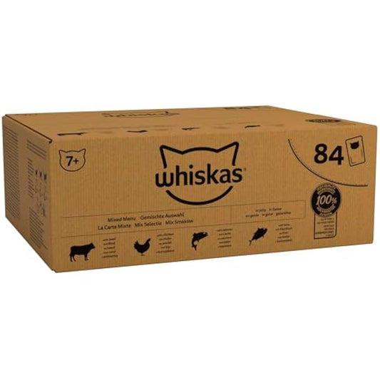 WHISKAS - 7+- Senior Wet Cat Food Pouches - 84 x 85 g - Mixed Selection in Jelly - Bulk Cat Food Megapack - 84 Pouches