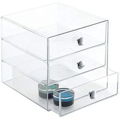 iDesign 35300 Makeup Organiser with Three Drawers, Sturdy Plastic Storage Box for Makeup, Accessories, Jewelry and More, Compact Dressing Table Organiser, Clear