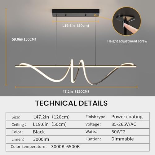 Mikeru 120CM Black Modern Pendant Light, Simple Spiral Dining Light Fixture with Remote Control, Hanging Lights with 1.5m Adjustable Cords for Dining Room Kitchen Island Living Room Restaurant Office
