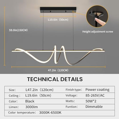Mikeru 120CM Black Modern Pendant Light, Simple Spiral Dining Light Fixture with Remote Control, Hanging Lights with 1.5m Adjustable Cords for Dining Room Kitchen Island Living Room Restaurant Office