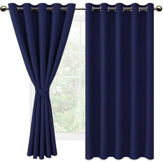 DWCN Navy Blue Blackout Curtains with Tiebacks for Bedroom Thermal Insulated Solid Eyelet Curtains for Living Room,2 Panels,66" Wide x 72" Drop