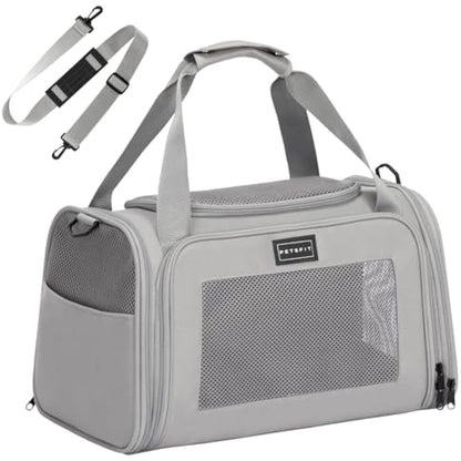 PETSFIT Pet Carrier for Cat with Extendable Fleece Pet Mat, Pet Carrier Airline Approved with Safety Leash for Pets Up to 12 Lbs (44 * 26.5 * 27CM, Grey)