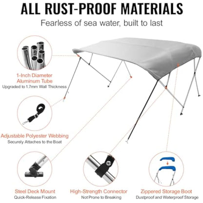 VEVOR 4 Bow Bimini Top Boat Cover, 900D Polyester Canopy with 1" Aluminum Alloy Frame, Waterproof and Sun Shade, Includes Storage Boot, 2 Support Poles, 4 Straps, 8'L x 54"H x 91"-96"W, Light Grey