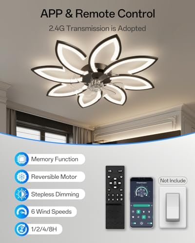 YUNLONG 35.4" Ceiling Fans with Lights and Remote Led Living Room Dimmable Ceiling Lights DC Motor Ceiling Fans with Lamps Reversible 6-Speed Lighting Fan Chandelier for Bedroom Lounge Hall,Black