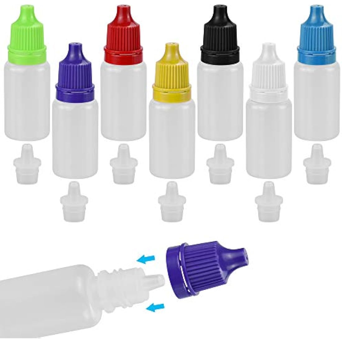 CODIRATO 70 PCS Plastic Eye Liquid Squeezable Dropper Bottles 10ML Liquid Bottles for E-liquid, Oils, Dyes and Other Liquids (7 Colores)
