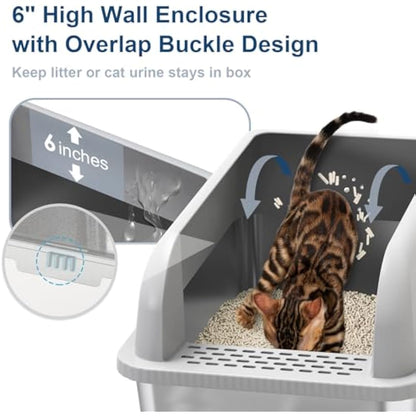Suzzipaws Enclosed Stainless Steel Cat Litter Tray with Lid Extra Large Litter Box for Big Cats XL Metal Litter Pan Tray with High Wall Sides Enclosure, Non-Sticky, Anti-Leakage, Easy Cleaning