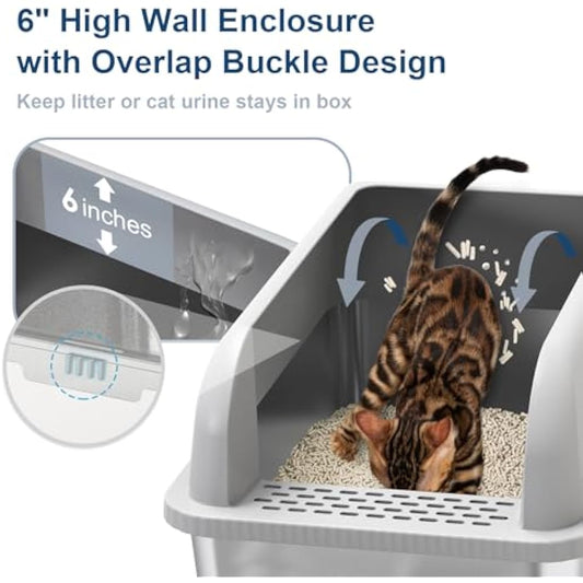 Suzzipaws Enclosed Stainless Steel Cat Litter Tray with Lid Extra Large Litter Box for Big Cats XL Metal Litter Pan Tray with High Wall Sides Enclosure, Non-Sticky, Anti-Leakage, Easy Cleaning