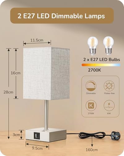 EDISHINE Bedside Lamps Set of 2, 3 Way Dimmable Table Lamps with USB A+C Charging Ports, LED Bulb Included, Touch Lamps for Bedroom, Living Room, Beige Linen Lampshade, 2700K