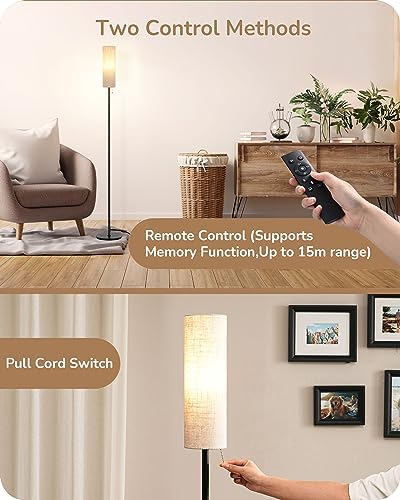 EDISHINE Floor Lamp, Standing Lamp with Rounded Linen Lampshade, Floor Lamps for Living Room, Bedroom, 165cm, E27 Socket(9W LED Dimmable Bulb Included), Magnetic Remote Control, Black