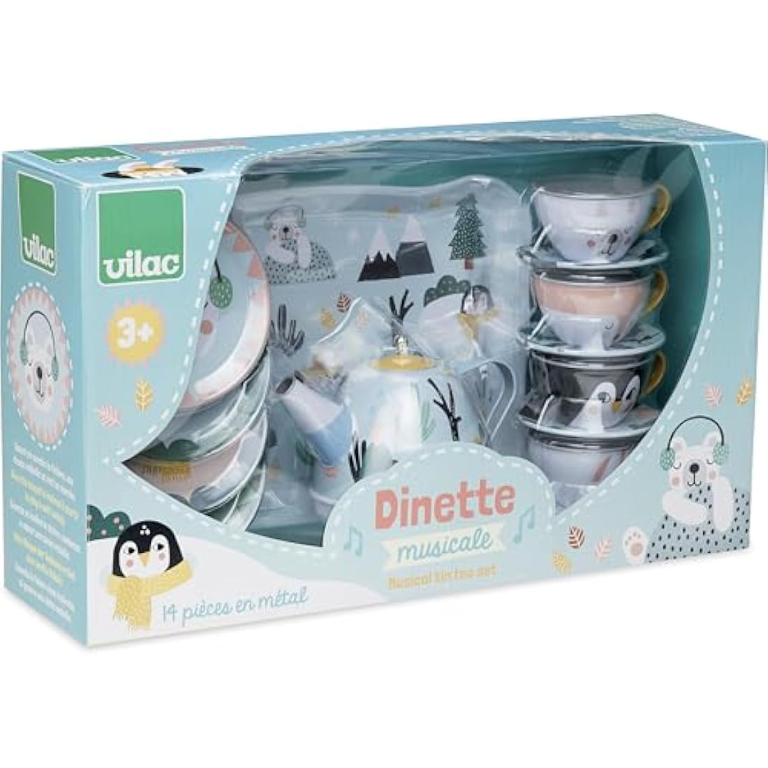 Vilac Musical Metal Tin Tea Set, Kitchen Pretend Play, Iceland Theme Illustrated By Graphic Designer Michelle Carlslund, 14 Pieces, 3 Years+