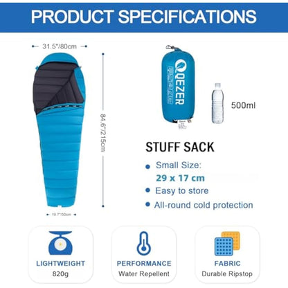 QEZER Ultralight Sleeping Bag for Adults,only 780g Backpacking Sleeping Bag Filled 600+FP Duck Down 5°C 15°C for Camping,and Hiking,Warehouse Outdoor