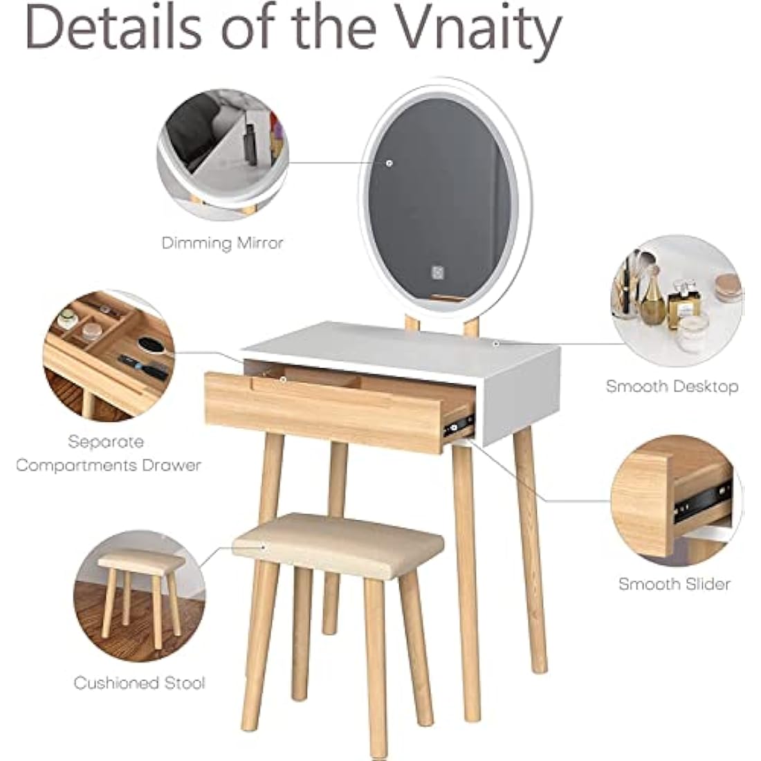 YOURLITE Makeup Vanity Dressing Table Mirror Cosmetic Vanity Dressing Cabinet with Stool Dresser with LED Mirror, Wood Color, 1 Drawer