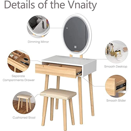 YOURLITE Makeup Vanity Dressing Table Mirror Cosmetic Vanity Dressing Cabinet with Stool Dresser with LED Mirror, Wood Color, 1 Drawer