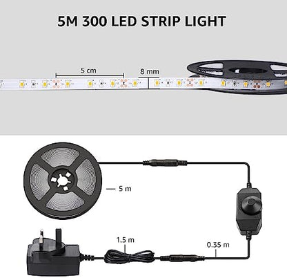 Lepro Warm White LED Strip Light 5M 300 LEDs, 1650lm Dimmable LED Tape Lights, 3000K Flexible LED Lights for Bedroom Kitchen Under Cabinet Wardrobe Stair (12V Power Plug and Dimmer Switch Included)