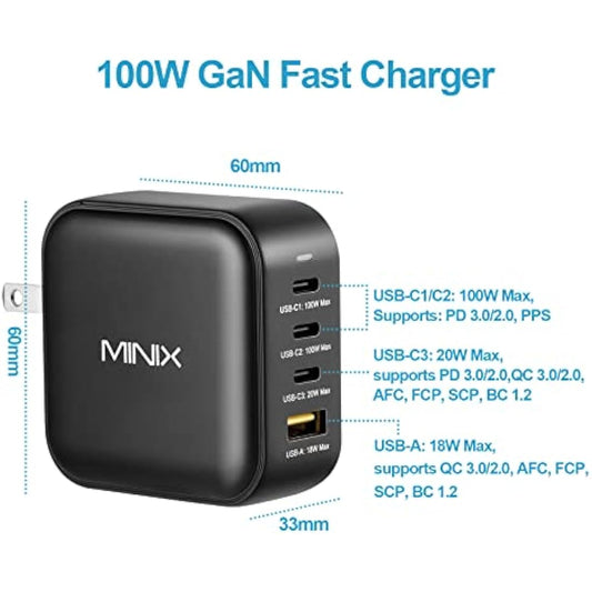 MINIX 100W Turbo 4-Ports GaN Wall Charger, 3 x USB-C port Fast Charging Adapter(Max 100W/20W), 1 USB-A (Max 18W). Compatible with USB-A and USB-C phones, laptop, tablet and More.(NEO P3)