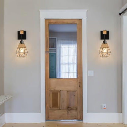 FORCOSO Wall Lights Indoor 2-Pack, Vintage Wood Wall Lamp Black, E27 Sconce Lights, Industrial Lights Fittings, Rustic Rope Lighting Fixtures Living Room Bedrooms Hallway