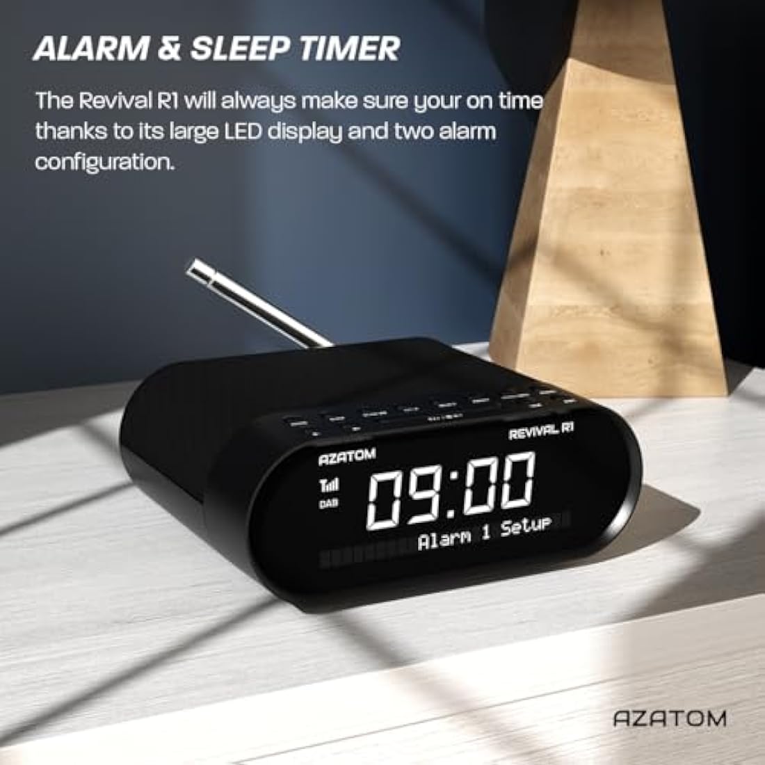 DAB/DAB+ & FM Bedside Digital Radio | Dual Alarms & Sleep Timer | USB Device Charging | Mains Powered | Bluetooth | Perfect for the Bedroom | AZATOM Revival R1 (Black)