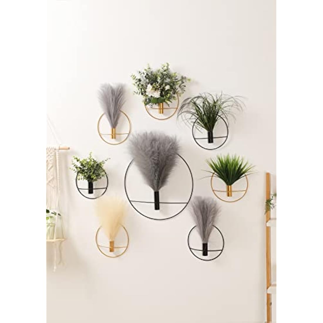 Pretty Jolly Wall Decor, Wall Metal vase Decoration Holder, Wall-Mounted Artificial Flowers, Golden Wall Decor Fake Pampas 2 Pack, Wall Art Artificial Greenery, Farmhouse, Boho