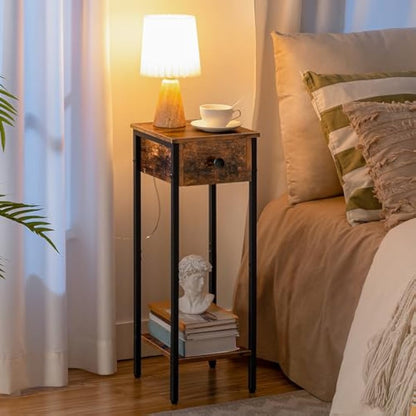 HOOBRO Slim Bedside Tables with Drawer, Small Side Table with Metal Frame, Tall Telephone Table for Small Spaces, Narrow Nightstand, Sturdy, Rustic Brown and Black EBF771BZ01