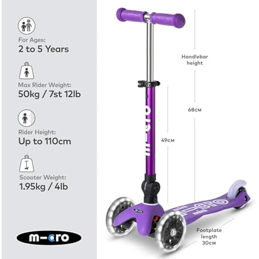 Micro Scooters | Mini Micro Deluxe LED Children's Scooter | Handlebar Adjustable & Foldable | Extra Grippy Deck | Weather Tested Stem | Light Up Wheels | Foldable | 2-5yrs | Boys & Girls