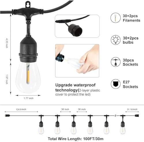 ZOTOYI S14 Outdoor String Lights Mains Powered 100FT, Garden String Lights with 30+2 Plastic LED Bulbs, Waterproof IP65 Heavy Duty Festoon Lights for Backyard Patio Cafe Balcony Party Wedding
