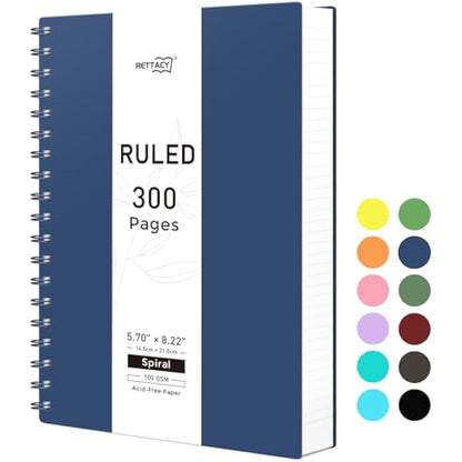 RETTACY A5 Notebook, Notepad, Wirebound Spiral Notebooks 300Pages /150 Sheets for Writing,100gsm College-Ruled Paper, Retro PVC Cover, for Men Work Office School,14.5 x 21cm - Navy blue