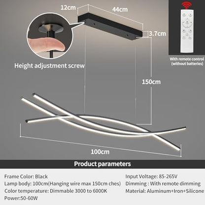 Mikeru 100CM Modern LED Pendant Light, Minimalist Ceiling Lighting with Remote Control Dimmable Brightness 3000K/4500K/6000K 3 Color Chandelier 10% to 100% for Kitchen Island, Living Room
