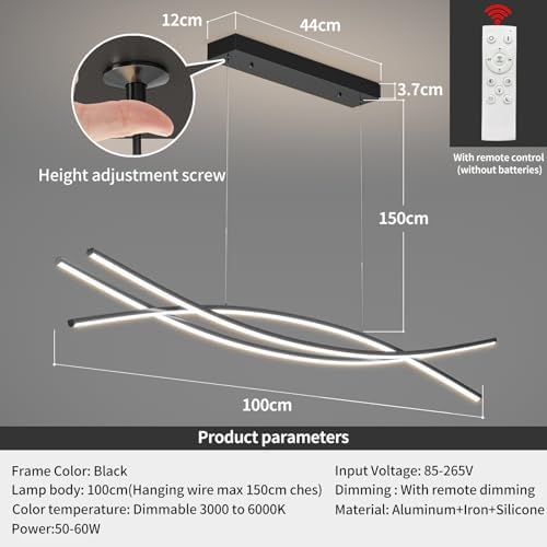 Mikeru 100CM Modern LED Pendant Light, Minimalist Ceiling Lighting with Remote Control Dimmable Brightness 3000K/4500K/6000K 3 Color Chandelier 10% to 100% for Kitchen Island, Living Room