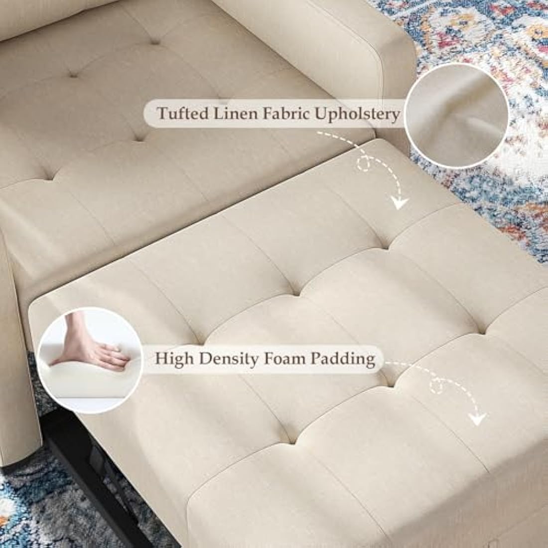 Vesgantti 3 in 1 Convertible Sofa Bed with Adjustable Backrest, Beige Fabric Single Sofa Bed Chair with Side Pockets, Foldable & Pull Out for Living Room