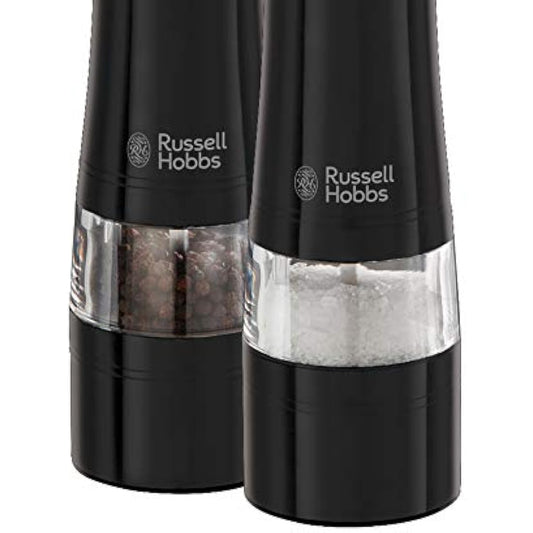 Russell Hobbs 28010-56 Electric Salt and Pepper Mill Set [2 Automatic Grinders] Black Stainless Steel (Adjustable Grinding Fineness, Ceramic Grinding Wheels, for Dried Spices, LED Lighting)