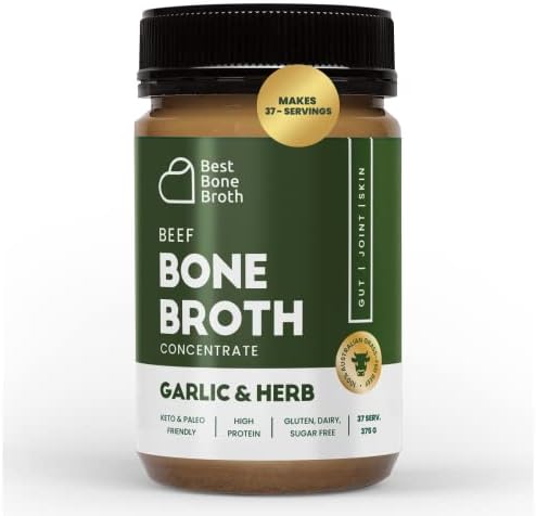 Best Bone Broth Premium Beef Bone Broth Concentrate Garlic & Herb Flavour - 100% Sourced from Grass Fed, Pasture-Raised Cattle - Bone Broth Protein and Collagen - Bone Broth Soup - 375g (37 Servings)