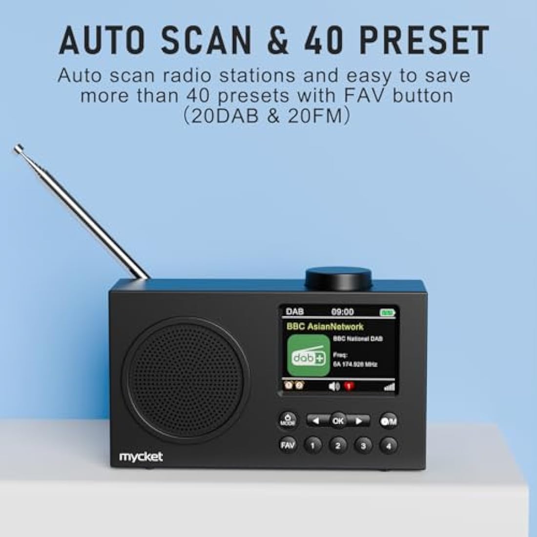 Mycket DAB Radio Portable, DAB Plus Digital Radios with Bluetooth, USB Rechargeable FM Radios, Battery Powered Small Radio,Dual Alarms Clock,Sleep Timer, 40 Presets Stations, 2.4" Large Colour Display
