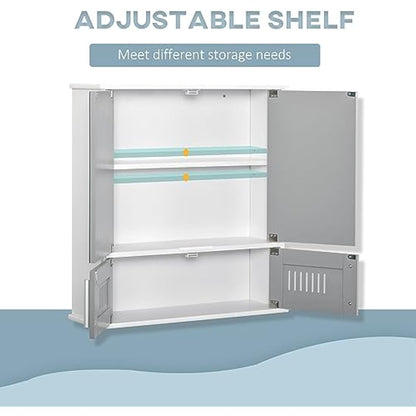kleankin Bathroom Mirror Cabinet, Wall Mounted Storage Cupboard with Double Doors and Adjustable Shelf, Bathroom Organizer, Grey