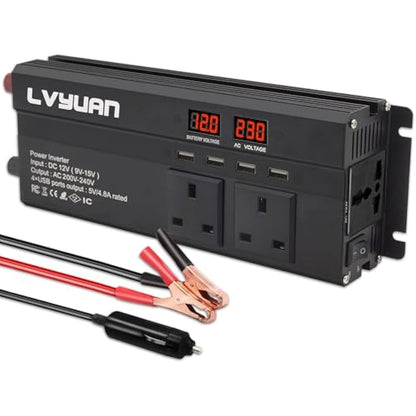 LVYUAN Power Inverter 1200/2500 W DC 12V to 240V AC Car Converter with 4 USB, 3 UK Sockets, Dual LED Display and Fan, Car Adapter, Black