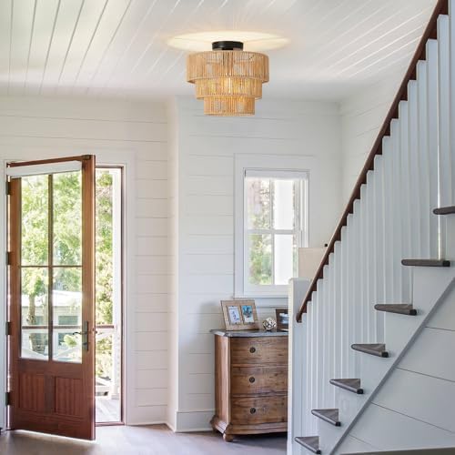 FORCOSO Rattan Ceiling Light 3-Layer, Boho Lamp Light Shade Rattan Lampshade, E27 Vintage Chandelier Light Fitting, Rustic Ceiling Lamp Fixtures for Living Room Bedroom Dining Table Kitchen Hallway