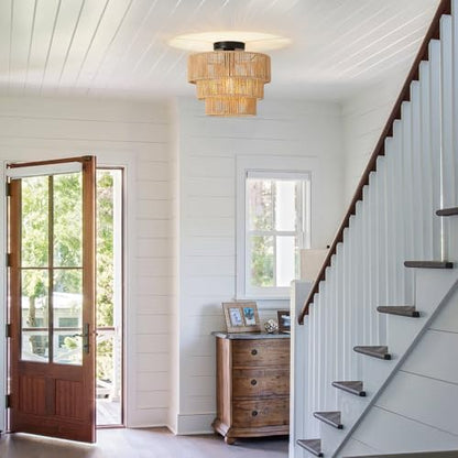 FORCOSO Rattan Ceiling Light 3-Layer, Boho Lamp Light Shade Rattan Lampshade, E27 Vintage Chandelier Light Fitting, Rustic Ceiling Lamp Fixtures for Living Room Bedroom Dining Table Kitchen Hallway