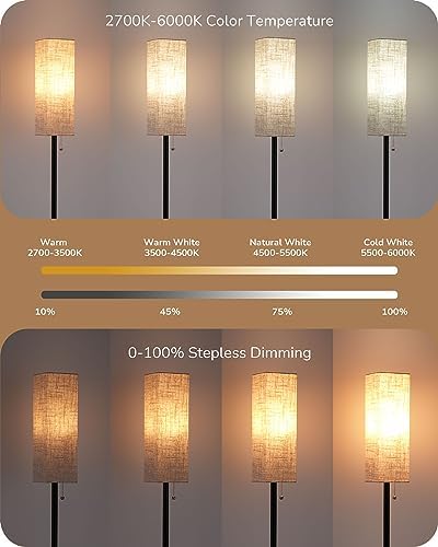 EDISHINE Floor Lamp, Standing Lamp with Square Linen Lampshade, Floor Lamps for Living Room, Bedroom, 165cm, E27 Socket(9W LED Dimmable Bulb Included), Magnetic Remote Control, Black