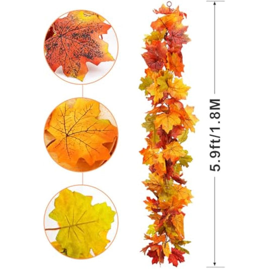 2 Pack Artificial Autumn Maple Leaves Vines Decorations, 5.9Ft/Piece Fall Leaf Garland Hanging Plant with Hooks, Thanksgiving Halloween Decor for House Garden Wall Doorway Fireplace Autumn Decoration