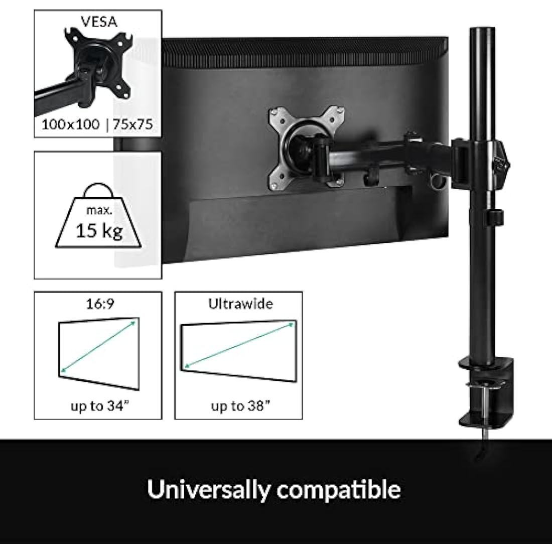 ARCTIC Z1 Basic - Desk Mount Single Monitor Arm, Monitor stand for up to 34"/38" Ultrawide, up to 15 kg (33 lbs) weight, 360° rotation, Easy Monitor adjustment - Black