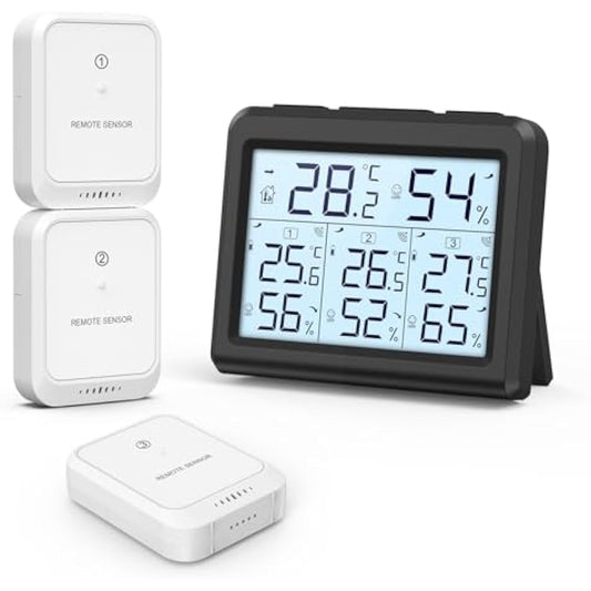 ORIA Digital Thermometer Hygrometer with 3 Sensors, Indoor/Outdoor Humidity Meter Temperature Monitor, Wireless Weather Station with Backlight, Comfort Icon, Arrow Trends for Temp and Humidity -Black
