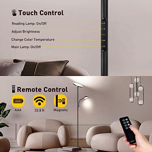 OUTON LED Floor Lamp with Reading Lamp, Mother/Father Parent & Child Uplighter and Spotlight Design, Dimmable Standing Lamp, Remote & Touch Control for Living Room Bedroom Office, Black