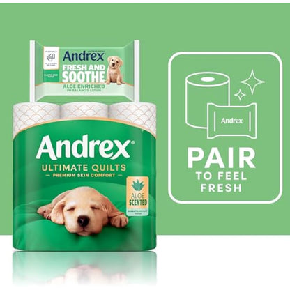 Andrex Fresh and Soothe Hygiene Wipes, 12 Packs - Flushable Toilet Wipes - Skin Kind - Contains Aloe Vera and Prebiotic Lotion- Biodegradable and Plastic-Free, FSC Certified