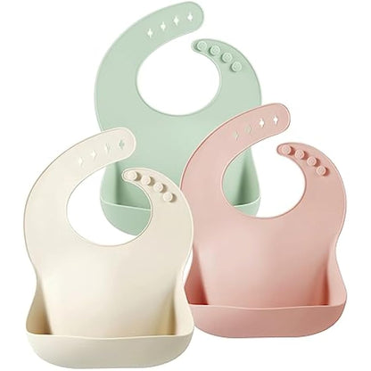 PandaEar 3 Pack Silicone Bibs for Babies & Toddlers, Waterproof Baby Bibs 6-12-18 months for Weaning, BPA Free Adjustable Baby Feeding Bib with Large Pocket Food Catcher